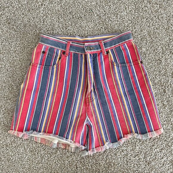 Cartini Pants - 90s Vintage Striped Denim Shorts Multicolor Distressed Raw Hem Summer Cartini S
